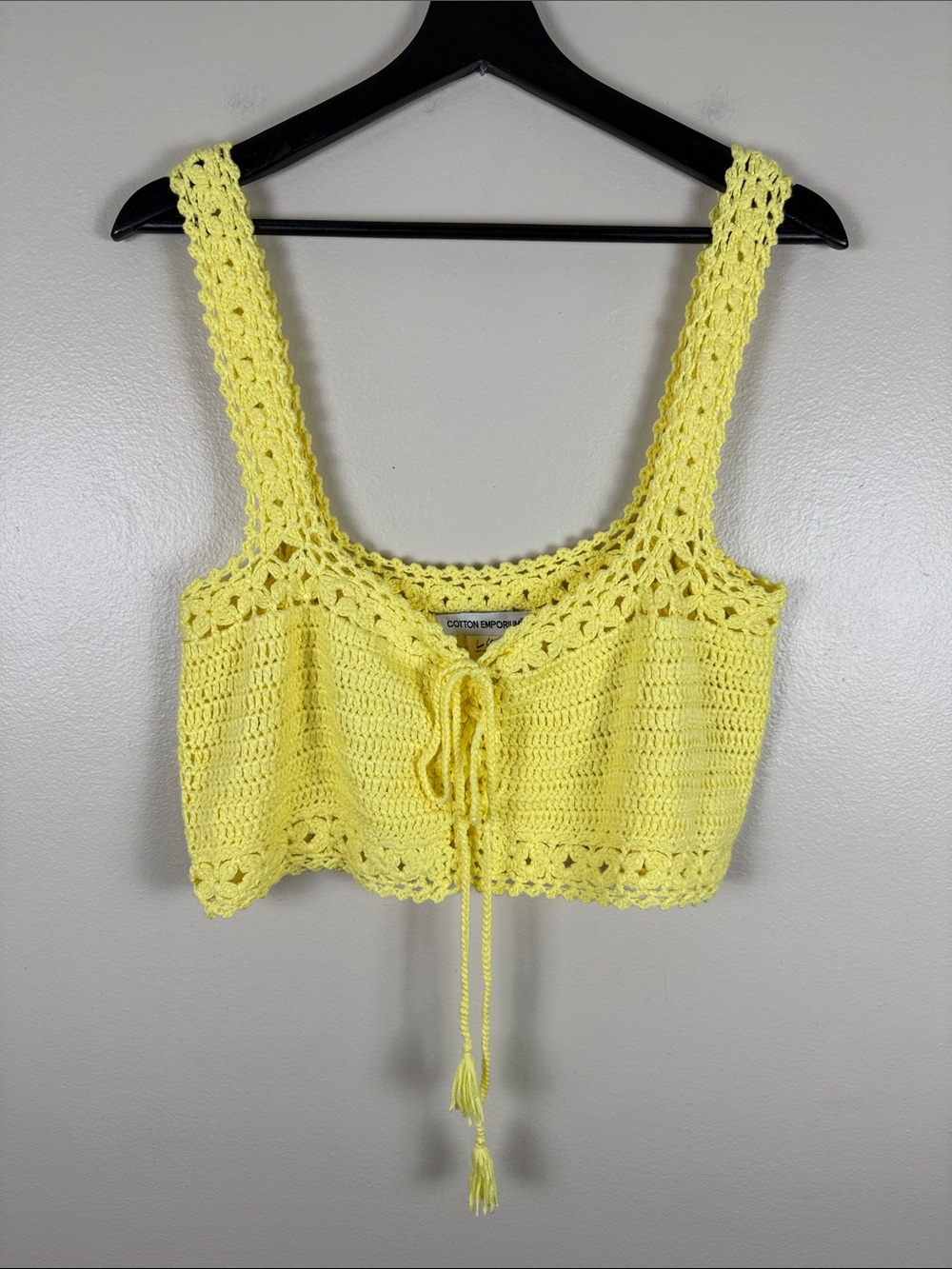 Cotton Emporium Lemon Yellow Crochet Tie-Front Top. XL